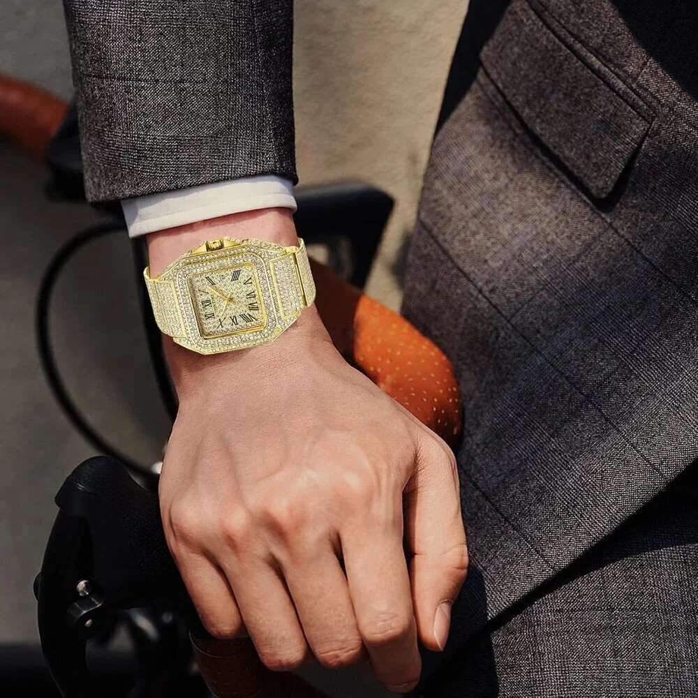 🆕Gosasa Analog Quartz Men Gold Fashion Hip Hop Crystal Stainless Bracelet Watch